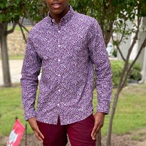 EXPRESS Men’s Burgundy & White Floral Print Long Sleeves Button Down Shirt Lg